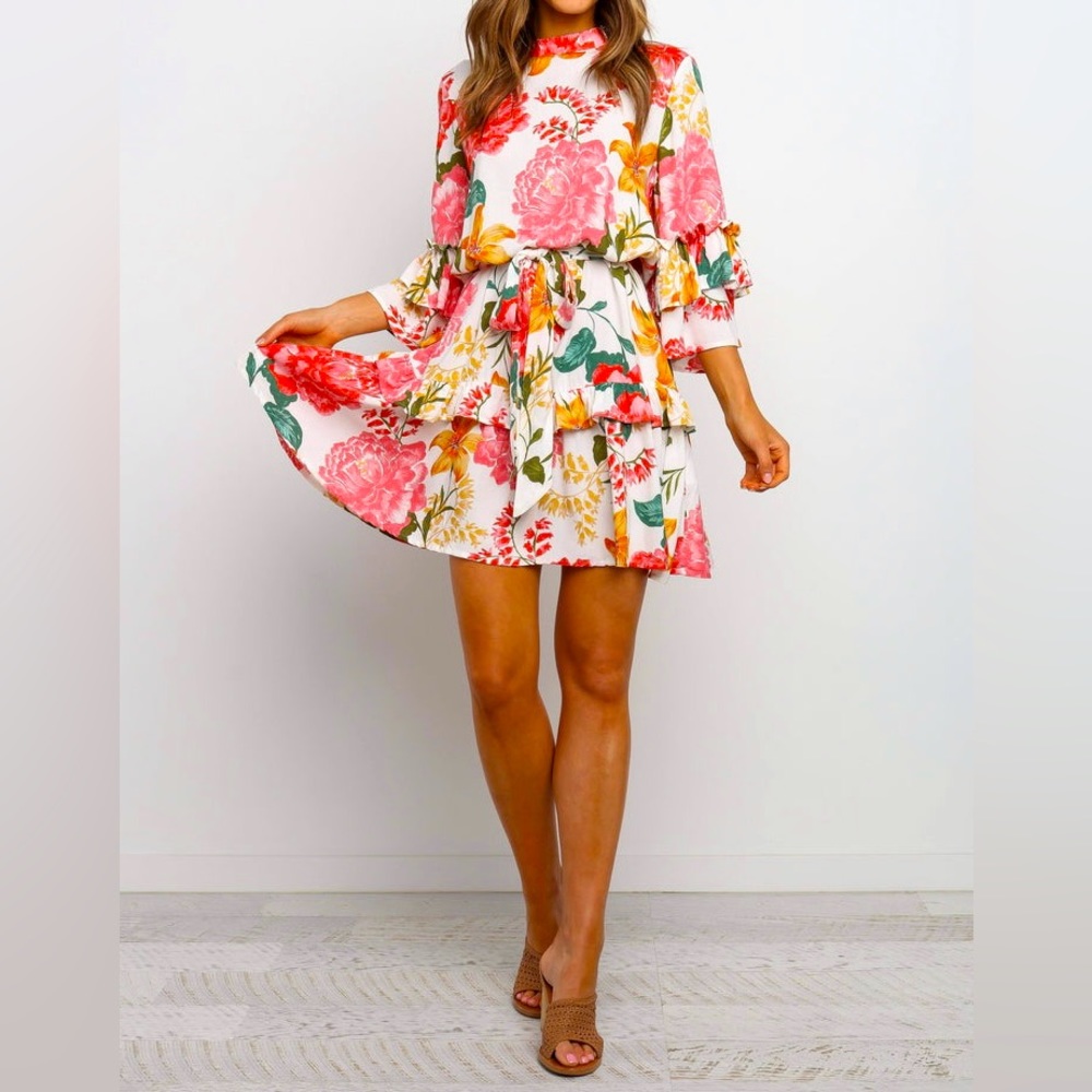 Layered Ruffle Flare Quarter Sleeves A-Line Silhouette Floral Flare Mini Dress